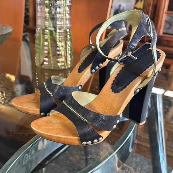 Corso Como Black Leather Wooden Platform Heels - Picture 1 of 12